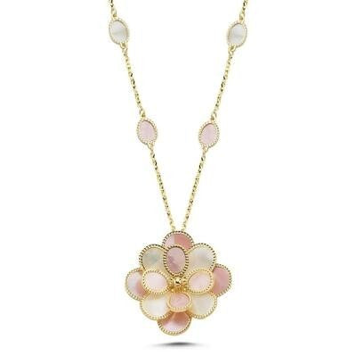 Pembe Beyaz Sedefli Modern Çiçek Altın Kolye