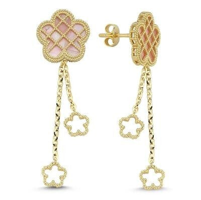 Pembe Sedef Kafesli Çiçek Altın Küpe