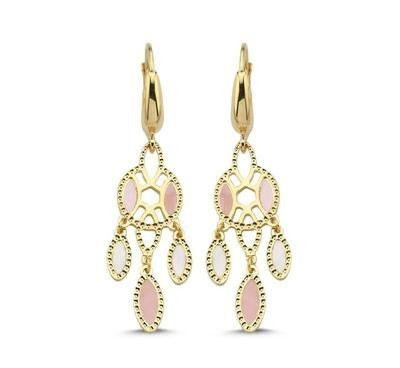 Beyaz ve Pembe Sedefli Sallanan Altın Küpe