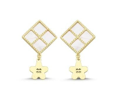 Pembe Sedefli Dörtgen Sallantı Çiçek Altın Küpe