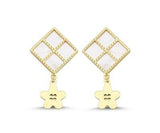 Pembe Sedefli Dörtgen Sallantı Çiçek Altın Küpe