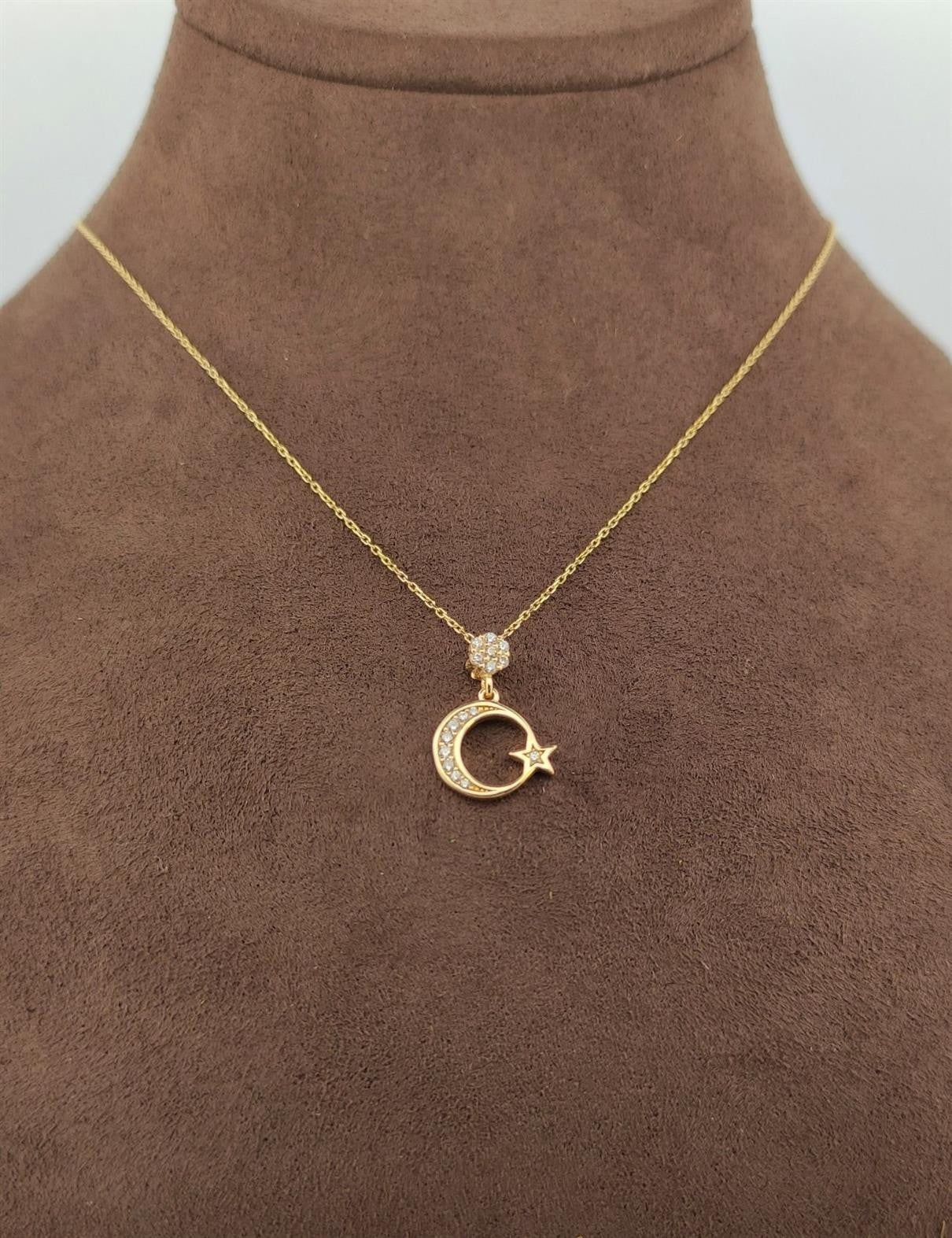 Taşlı Altın Ay Yıldız Kolye