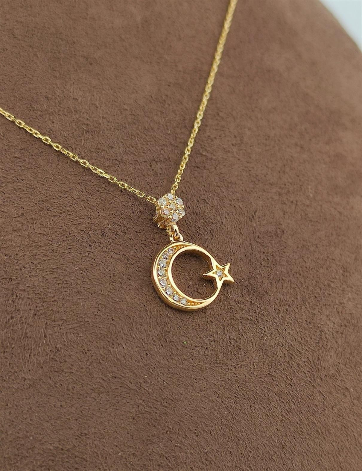 Taşlı Altın Ay Yıldız Kolye Ürün ikincil görseli
